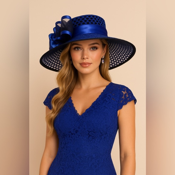 University of Kentucky Blue Wide-Brim Derby Hat – Elegant Lace & Bow Design - Picture 1 of 1